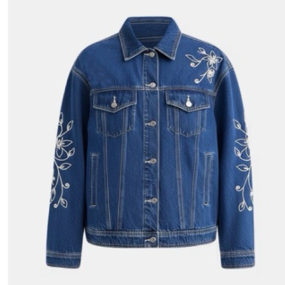 NWT LOFT Blue Denim Jacket with White Floral Embroidery